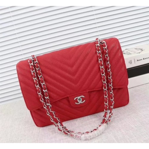 Chanel Maxi Quilted Classic Flap Bag Rood Chevron Cannage Patroon A58601 Zilver