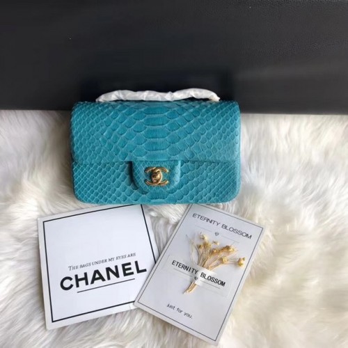 Chanel Mini Flap Bag Python Goudkleurig Metaal A69900 blauw