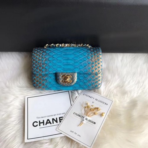 Chanel Mini Flap Bag Python Goudkleurig Metaal A69900 blauw&goud