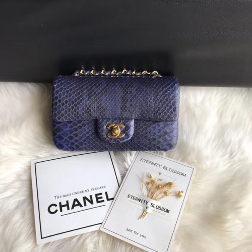 Chanel Mini Flap Bag Python Goudkleurig Metaal A69900 donkerblauw