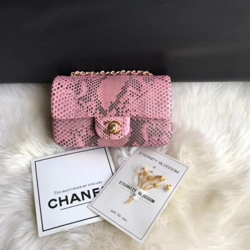 Chanel Mini Flap Bag Python Goudkleurig Metaal A69900 roze