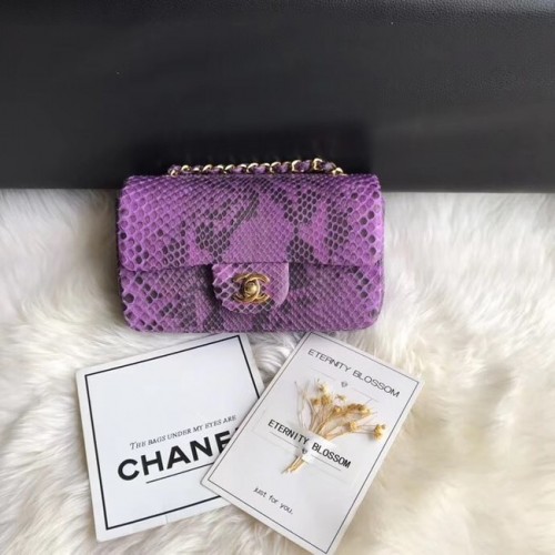 Chanel Mini Flap Bag Python Goudkleurig Metaal A69900 paars