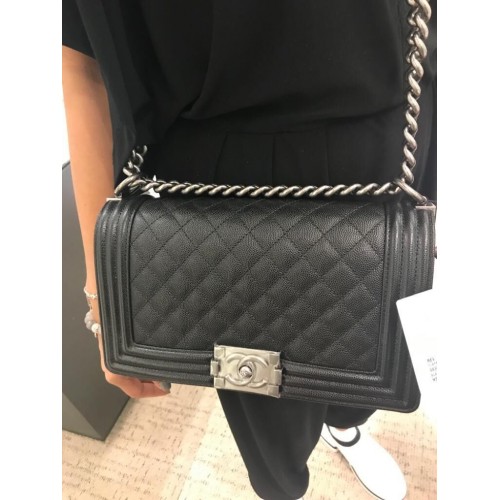 Chanel Original Caviar Leather Boy Flap Shoulder Black Bag A67086 Zilver
