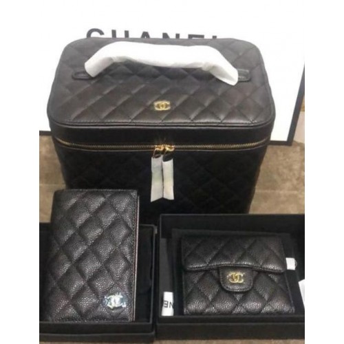 Chanel Original Lather Cosmetic Bag and Wallets Set 5961 zwart