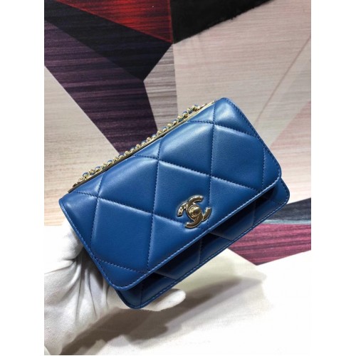 Chanel Original Leren Schoudertas Blauw A80982 Goud