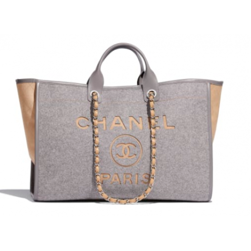 Chanel Original Tote boodschappentas Wollen kalfsleer Zilverkleurig metaal A93786 Grijs&beige