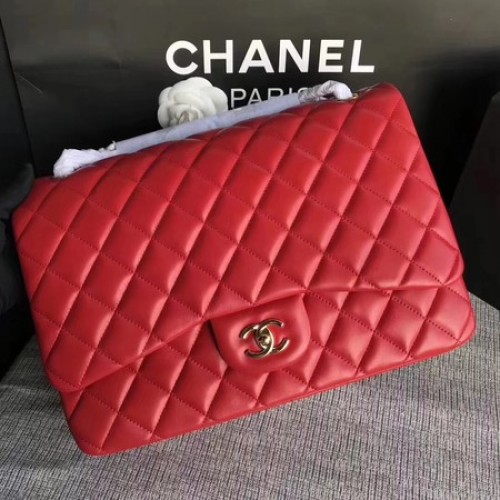Chanel Maxi gewatteerde klassieke flap tas rood schapenvacht leer A58601 goud