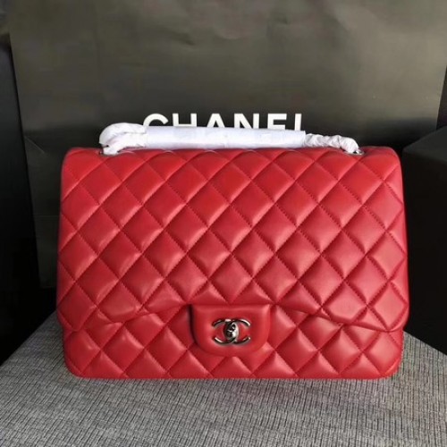 Chanel Maxi gewatteerde klassieke flap tas rood schapenvacht leer A58601 zilver