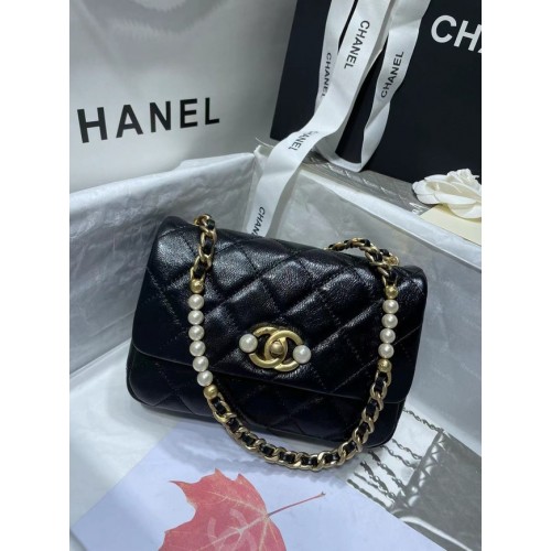 Chanel SMALL FLAP BAG Imitatieparels van kalfsleer Goudkleurig metaal AS3000 zwart