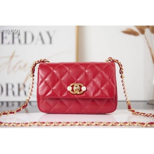 Chanel SMALL FLAP BAG Imitatieparels van kalfsleer Goudkleurig metaal AS3000 rood