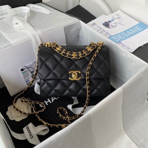 Chanel SMALL FLAP BAG Kaviaar kalfsleer goudkleurig metaal AS3580 zwart