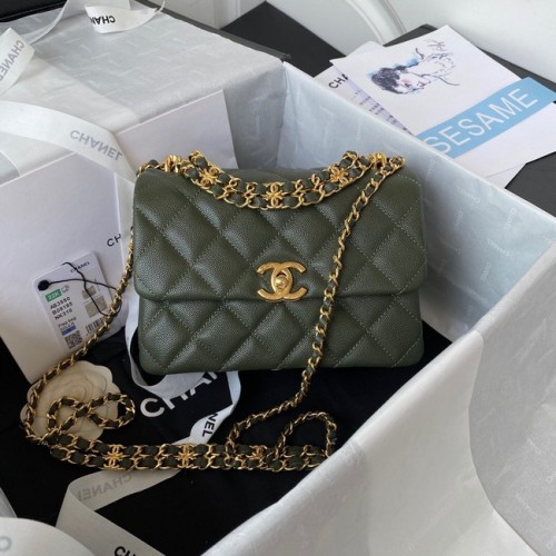 Chanel SMALL FLAP BAG Kaviaar kalfsleer Goudkleurig metaal AS3580 zwartachtig groen