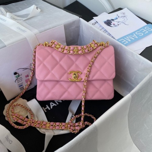 Chanel SMALL FLAP BAG Kaviaar kalfsleer goudkleurig metaal AS3580 roze