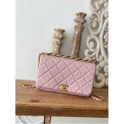 Chanel SMALL FLAP BAG Lamsleer Goudkleurig metaal AS3367 roze