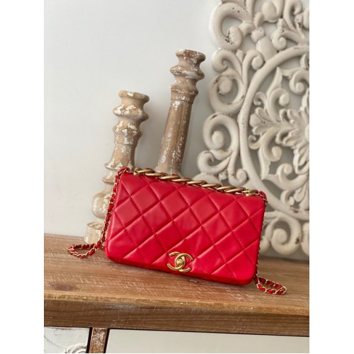 Chanel SMALL FLAP TAS Lamsleer goudkleurig metaal AS3367 rood
