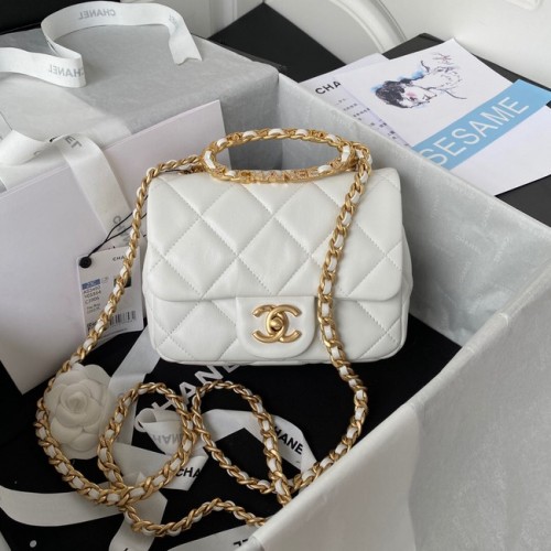 Chanel SMALL FLAP TAS Lamsleer goudkleurig metaal AS3450 wit