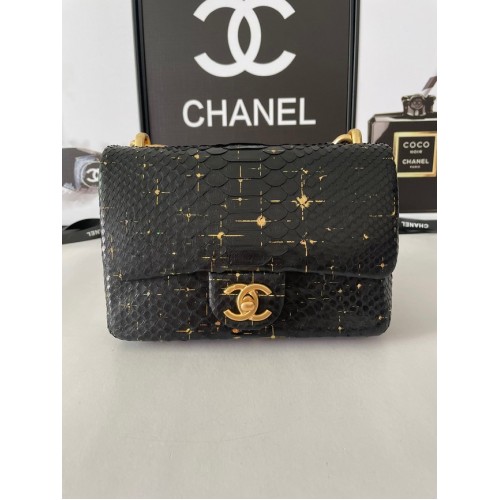 Chanel SMALL FLAP TAS Slangenleer goudkleurig metaal AS3214 zwart&goud