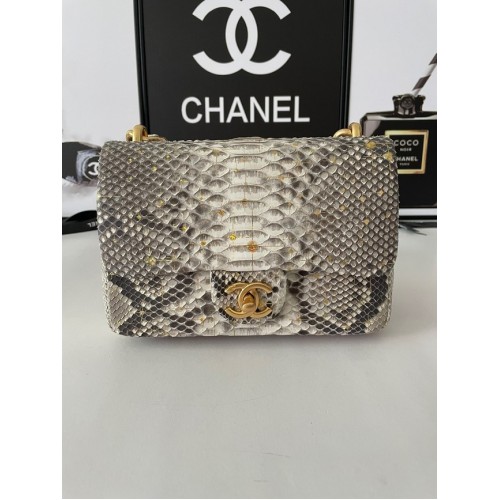 Chanel SMALL FLAP TAS Slangenhuid goudkleurig metaal AS3214 grijs