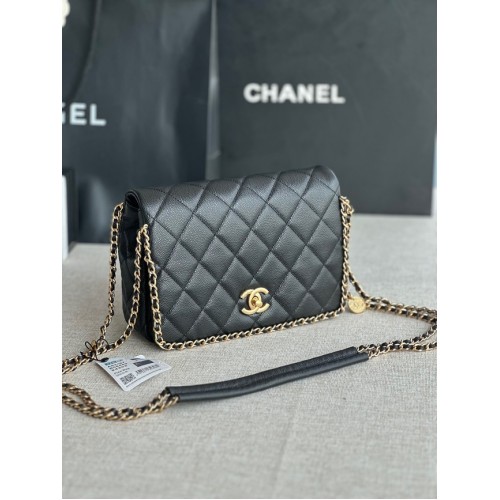 Chanel SMALL Flap Bag Kaviaar kalfsleer Goudkleurig metaal AS3467 zwart