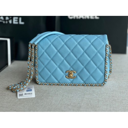 Chanel SMALL Flap Bag Kaviaar kalfsleer Goudkleurig metaal AS3467 lichtblauw