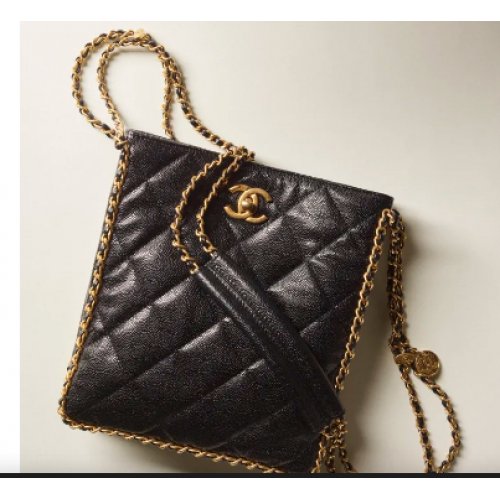 Chanel SMALL SHOPPING BAG Kaviaar kalfsleer Goudkleurig metaal AS3470 zwart