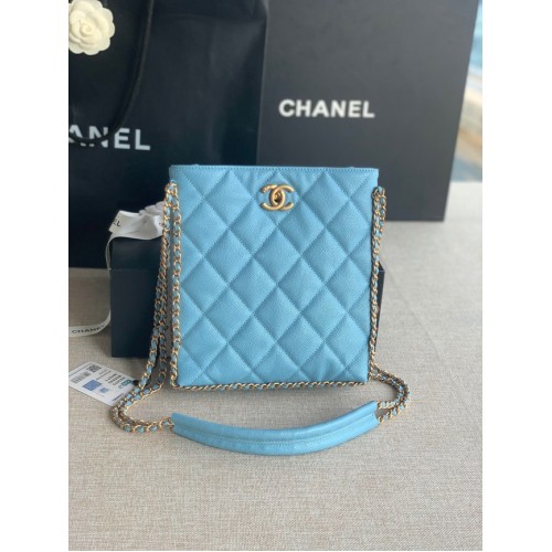Chanel SMALL SHOPPING BAG Kaviaar kalfsleer Goudkleurig metaal AS3470 lichtblauw