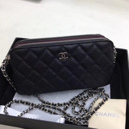 Chanel Schoudertas Zwart Cannage Patroon Leer CHA6845 Zilver
