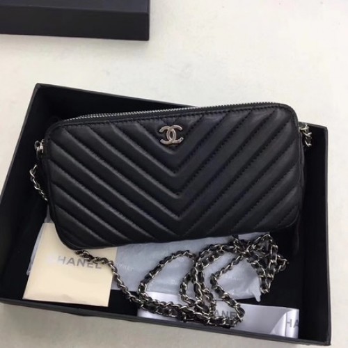Chanel Schoudertas Zwart Schapenleer V6845 Zilver