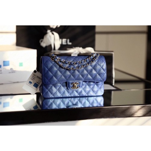 Chanel Small Classic Handtas Kaviaar generfd kalfsleer zilverkleurig metaal A01113 blauw