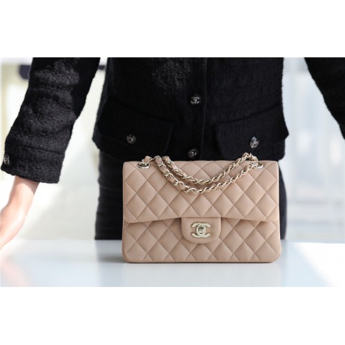 Chanel Small Classic handtas generfd kalfsleer zilverkleurig metaal A01113 abrikoos