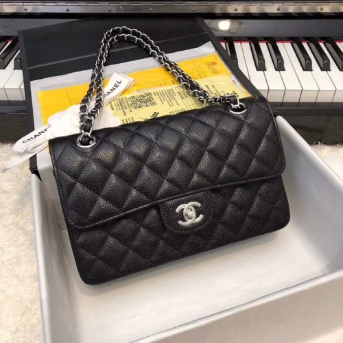 Chanel Small Classic handtas generfd kalfsleer zilverkleurig metaal A01113 zwart