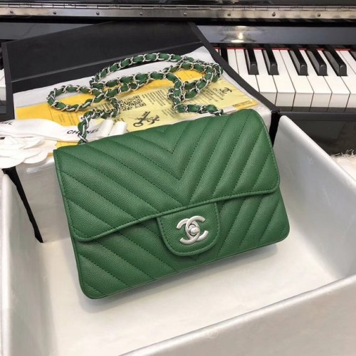 Chanel Small Classic handtas generfd kalfsleer zilverkleurig metaal A69900 groen