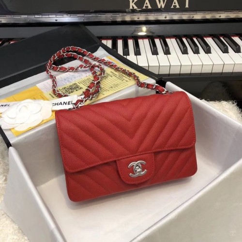 Chanel Small Classic handtas generfd kalfsleer zilverkleurig metaal A69900 rood