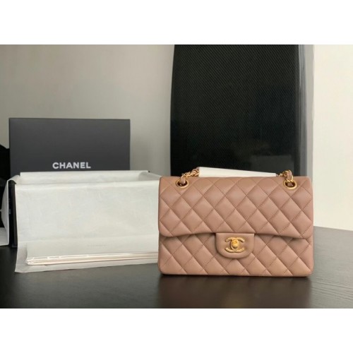Chanel Kleine Klassieke Handtas Schaapsvacht Goudkleurig Metaal A01113 Taupe