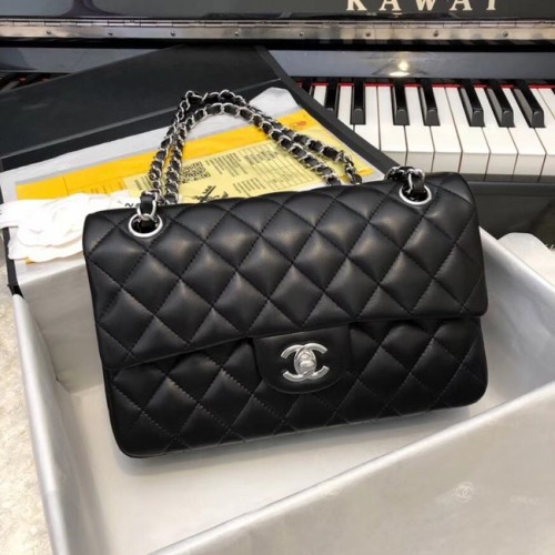 Chanel Small Classic Handtas Schapenvacht zilverkleurig metaal A01113 zwart