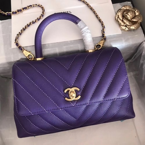 Chanel Small Flap Bag met Top Handle V92990 donkerpaars goudkleurig metaal