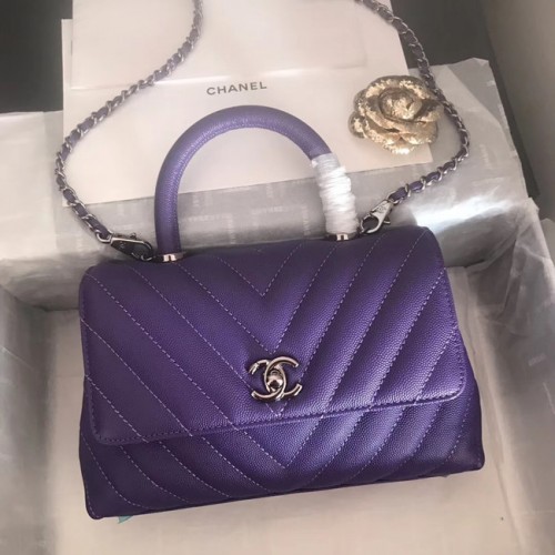 Chanel Small Flap Bag met Top Handle V92990 donkerpaars zilverkleurig metaal