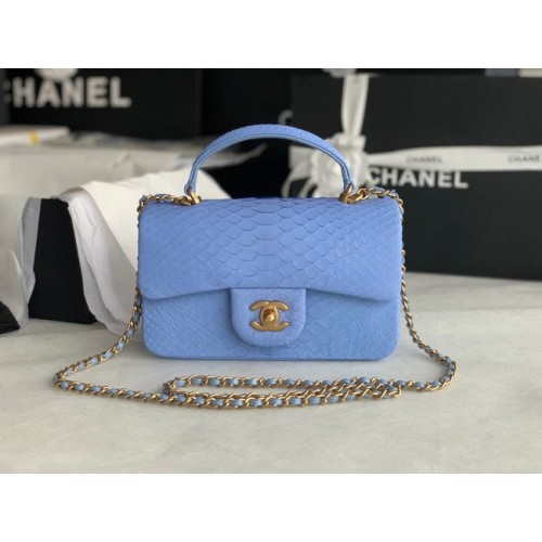 Chanel Snake skin mini flap bag met handvat aan de bovenkant AS2431 blauw