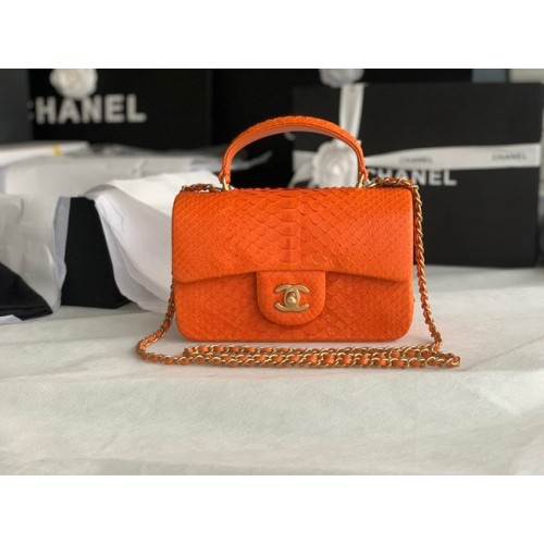 Chanel Snake skin mini flap bag met handvat aan de bovenkant AS2431 oranje