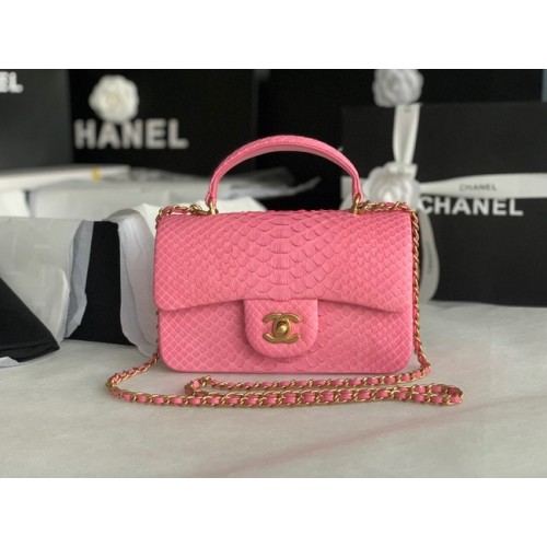 Chanel Snake skin mini flap bag met handvat aan de bovenkant AS2431 roze
