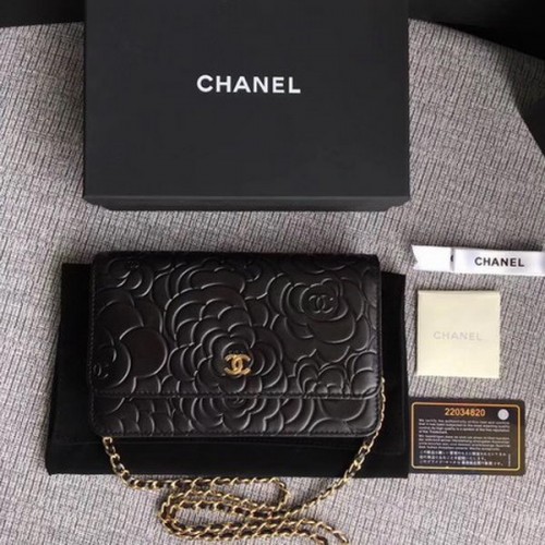 Chanel WOC Zwart Camellia Leren mini Flap Bag A33814 Goud