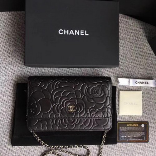 Chanel WOC Zwart Camellia Leren mini Flap Bag A33814 Zilver