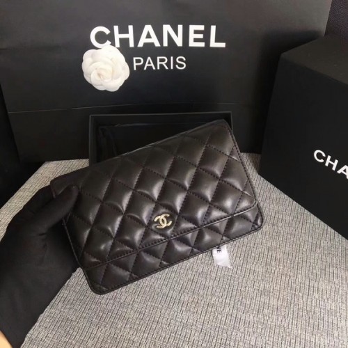 Chanel WOC Flap Bag Zwart Origineel Schapenleer 33814 Zilver