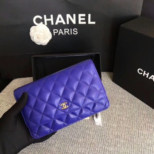 Chanel WOC Flap Bag Blauw Origineel Schapenleer Leer 33814 Glod