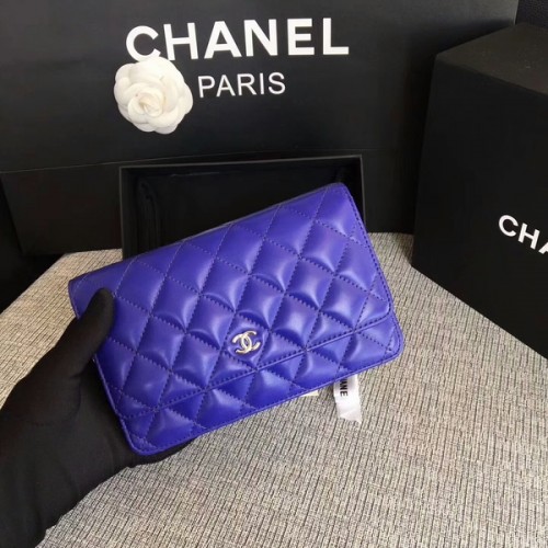 Chanel WOC Flap Bag Blauw Origineel Schapenleer 33814 Zilver