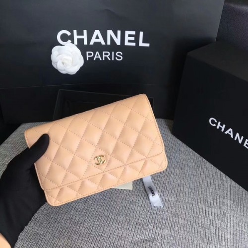 Chanel WOC Flap Bag Camel Origineel Schapenleer Leer 33814 Glod