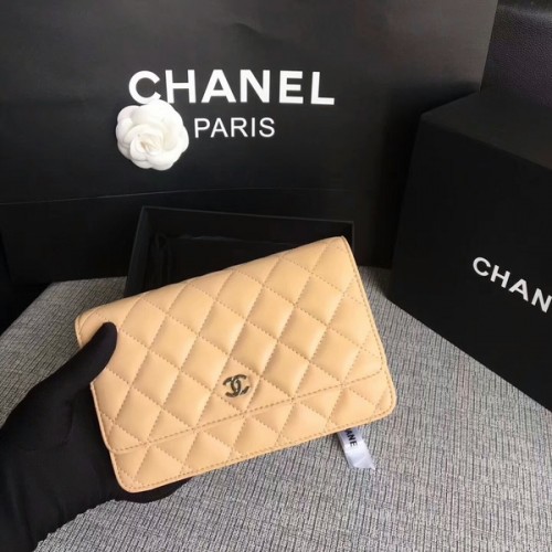 Chanel WOC Flap Bag Camel Origineel Schapenleer 33814 Zilver