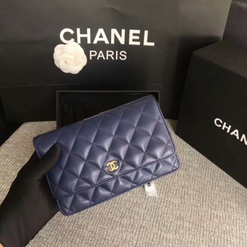 Chanel WOC Flap Bag Donkerblauw Origineel Schapenleer Leer 33814 Glod
