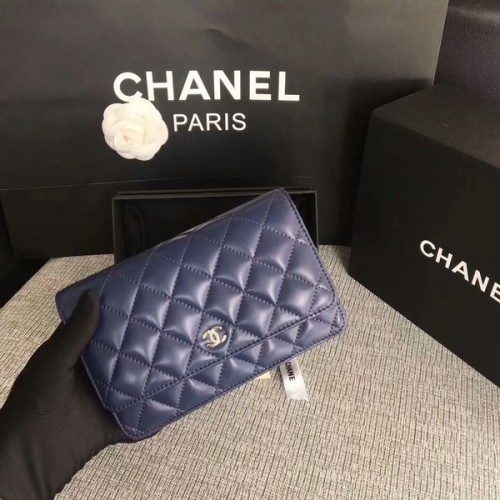 Chanel WOC Flap Bag Donkerblauw Origineel Schapenleer 33814 Zilver