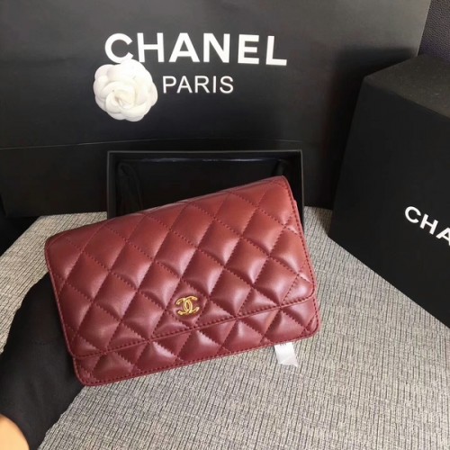 Chanel WOC Flap Bag Donkerrood Origineel Schapenleer 33814 Glod